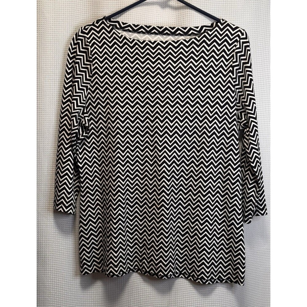 Kim Rogers Large Black White Chevron Top 3/4 Sleeve 100% Cotton Geometric Tunic